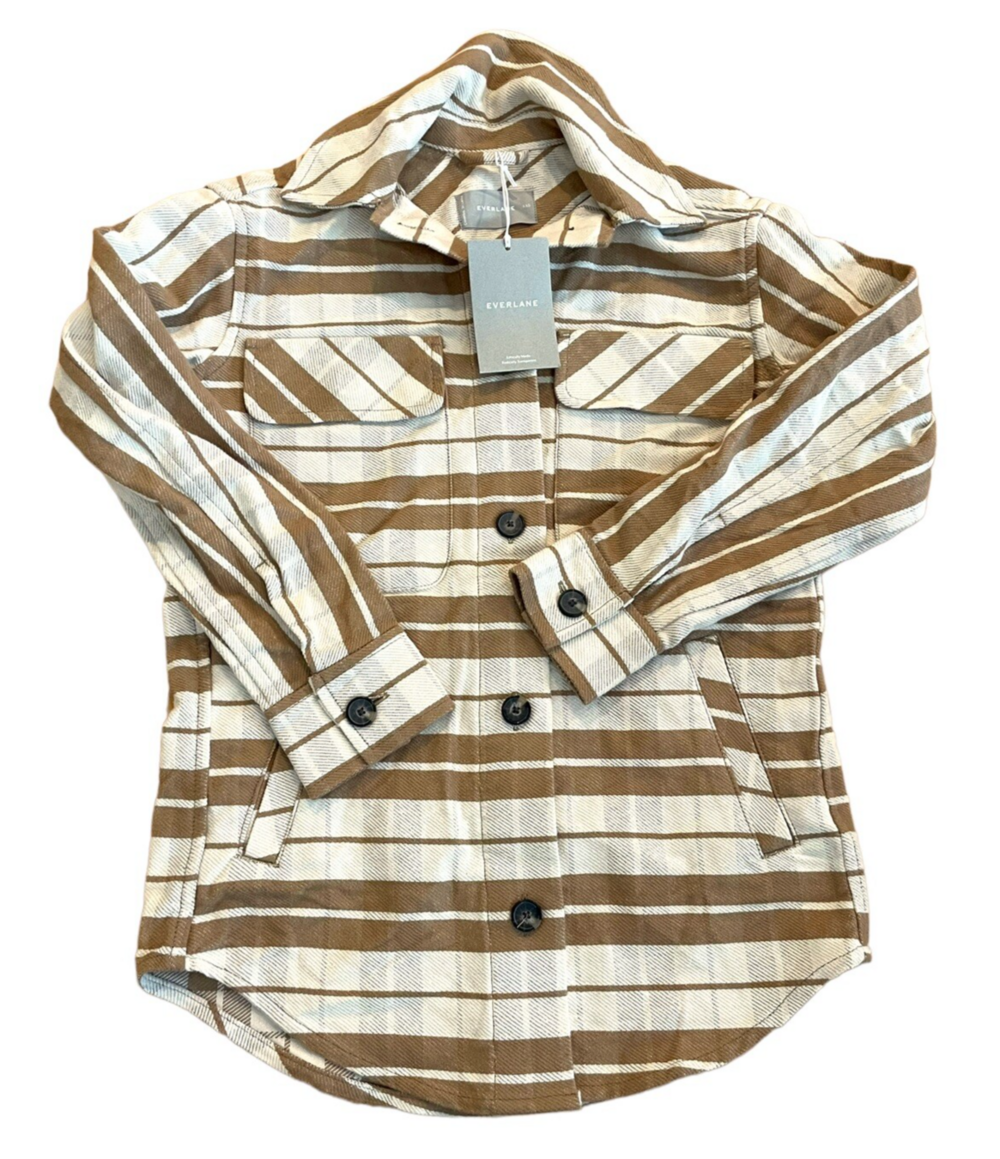 Everlane Womens XXS Camel Cream Plaid Oversized Shirt Jacket Shacket NWT